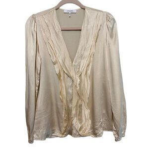 Frame 100% Silk Ruffle Front Top Womens Medium Cream Satin Career Quiet Luxury